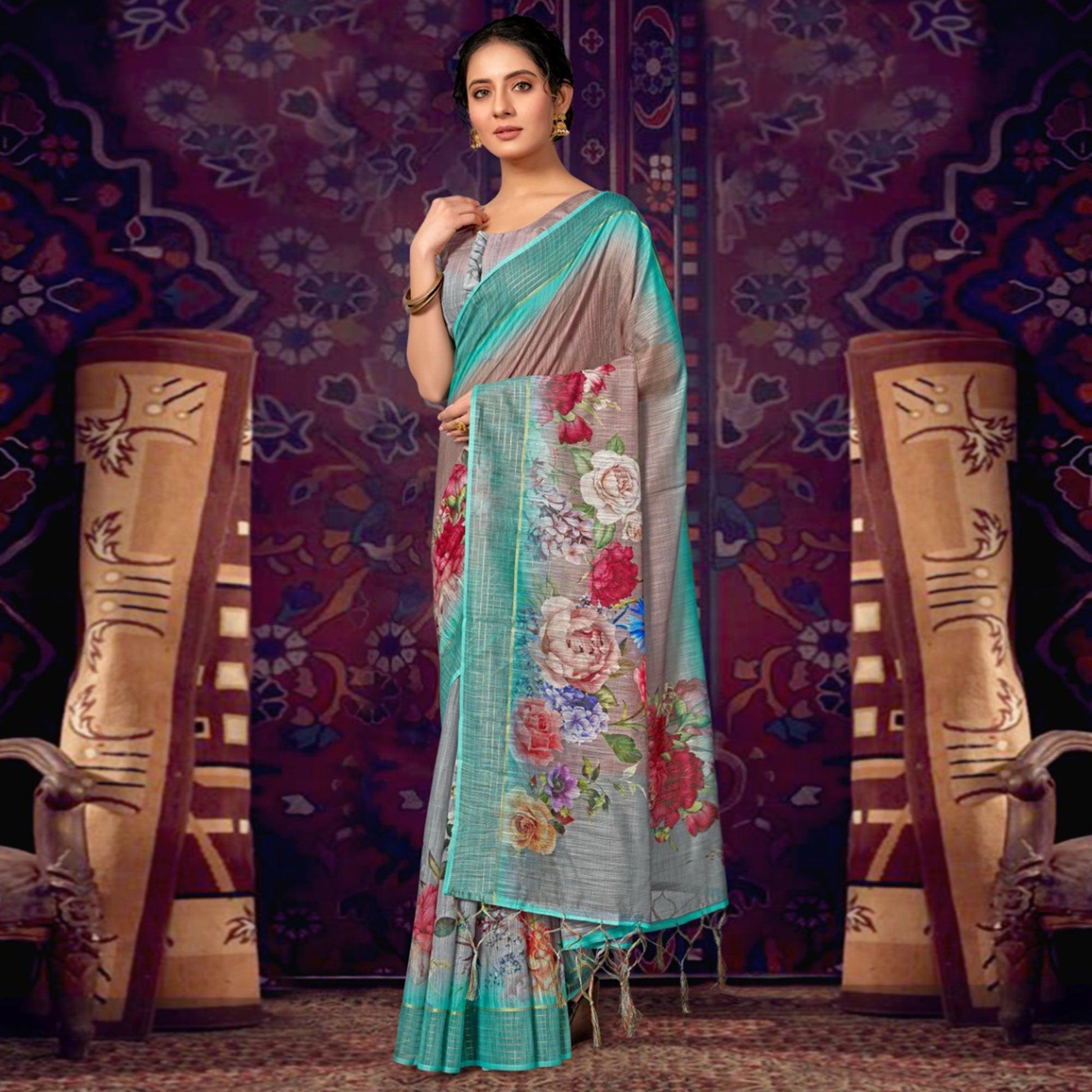 Brown Casual Wear Floral Soft Cotton Saree