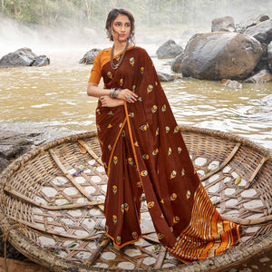Brown Casual Wear Foil Printed Chiffon Saree