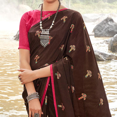 Brown Casual Wear Foil Printed Chiffon Saree