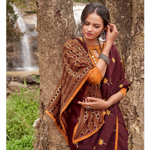 Brown Casual Wear Foil Printed Chiffon Saree