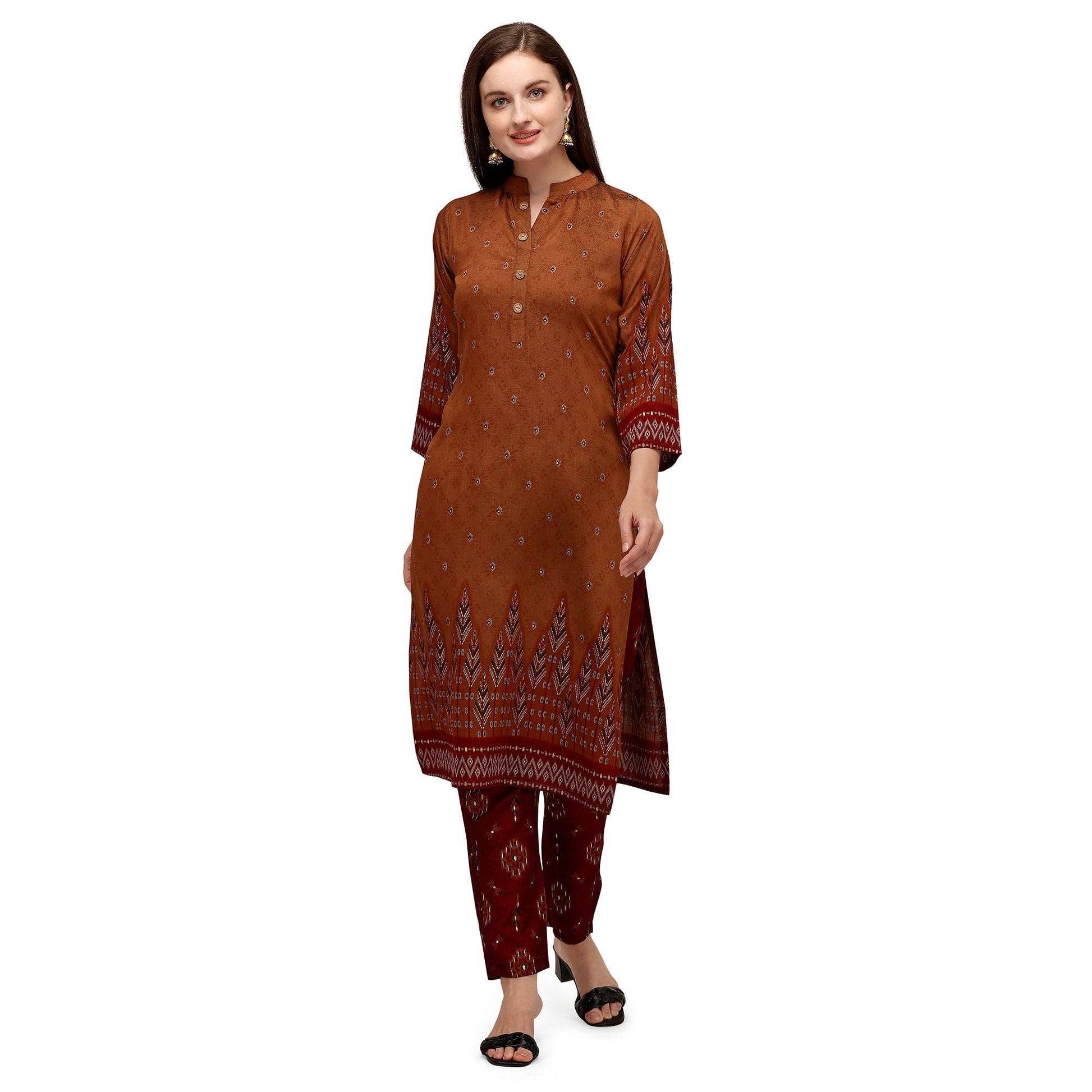 Brown Casual Wear Foil Printed Muslin Silk Kurti With Palazzo Set