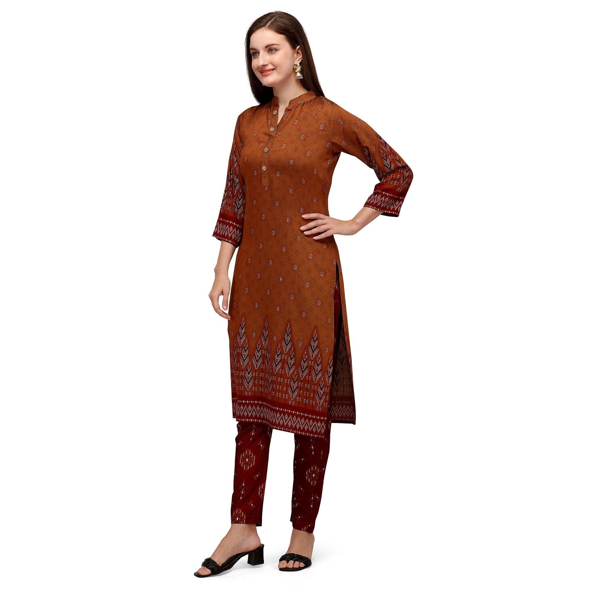 Brown Casual Wear Foil Printed Muslin Silk Kurti With Palazzo Set