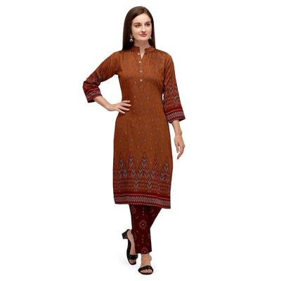 Brown Casual Wear Foil Printed Muslin Silk Kurti With Palazzo Set