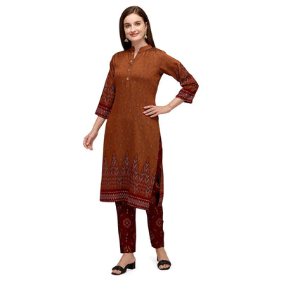 Brown Casual Wear Foil Printed Muslin Silk Kurti With Palazzo Set