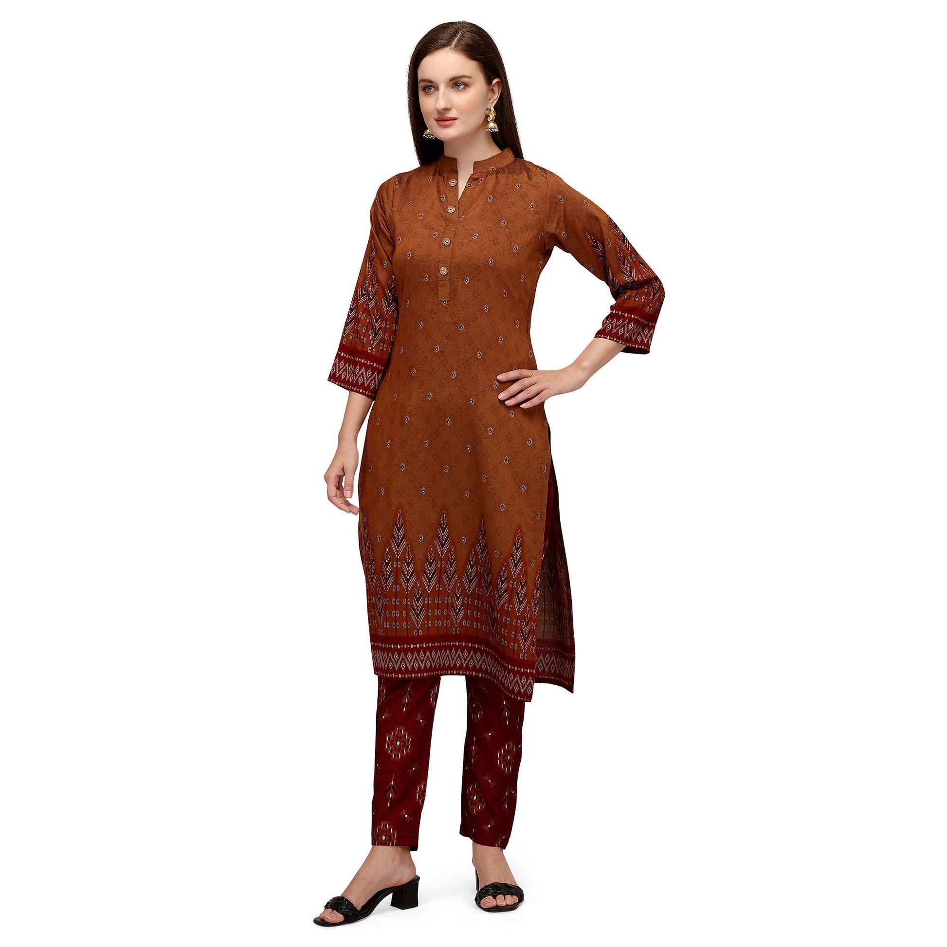 Brown Casual Wear Foil Printed Muslin Silk Kurti With Palazzo Set