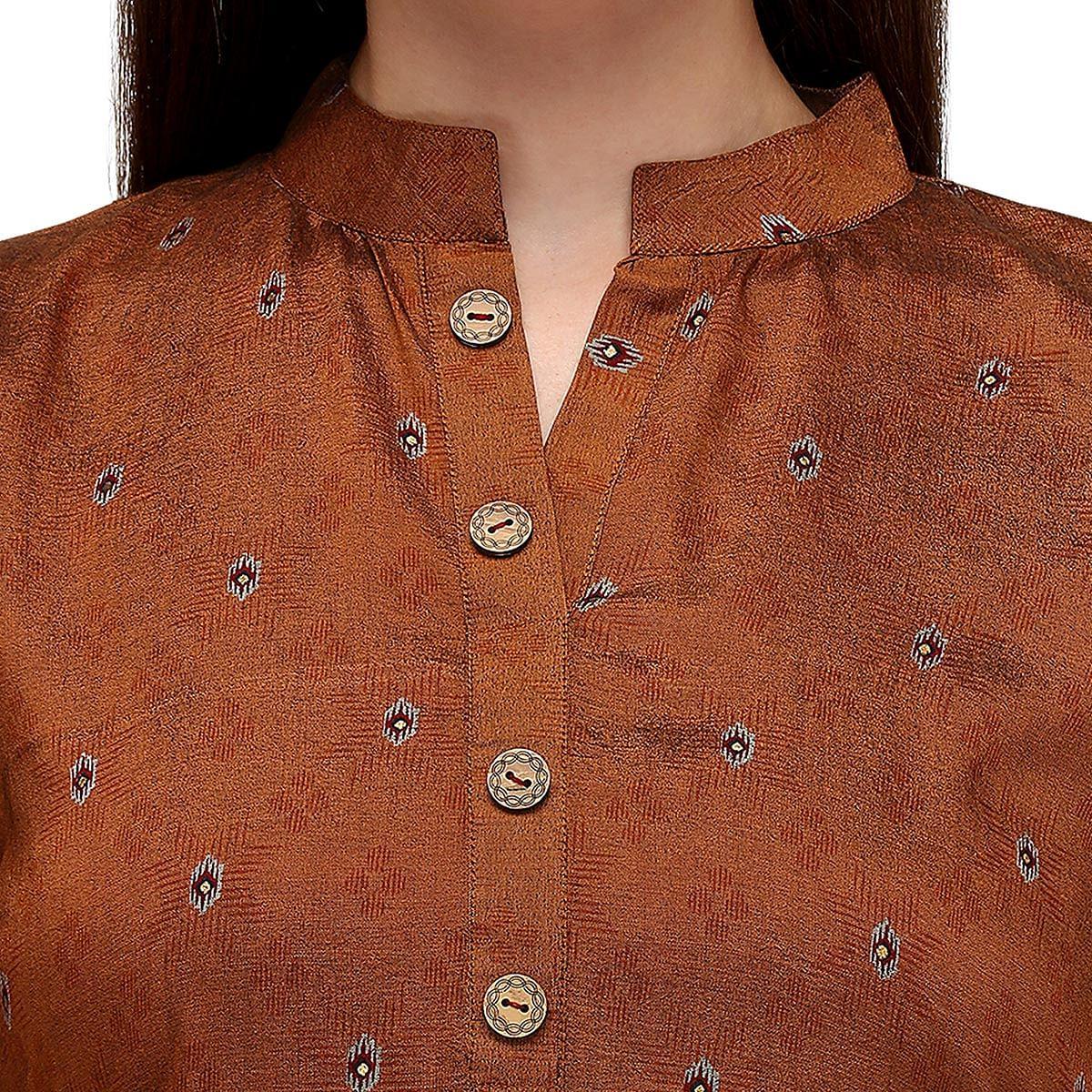Brown Casual Wear Foil Printed Muslin Silk Kurti With Palazzo Set