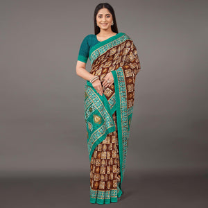 Brown Casual Wear Geometric Printed Art Silk Saree