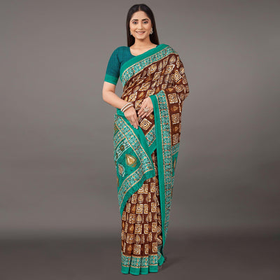 Brown Casual Wear Geometric Printed Art Silk Saree