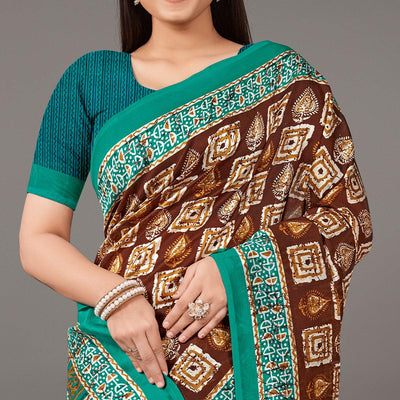 Brown Casual Wear Geometric Printed Art Silk Saree
