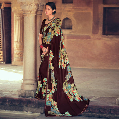 Brown Casual Wear Geometric Printed Heavy Micro Saree