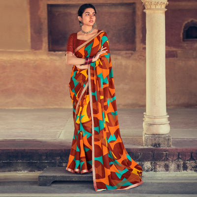 Brown Casual Wear Geometric Printed Heavy Micro Saree