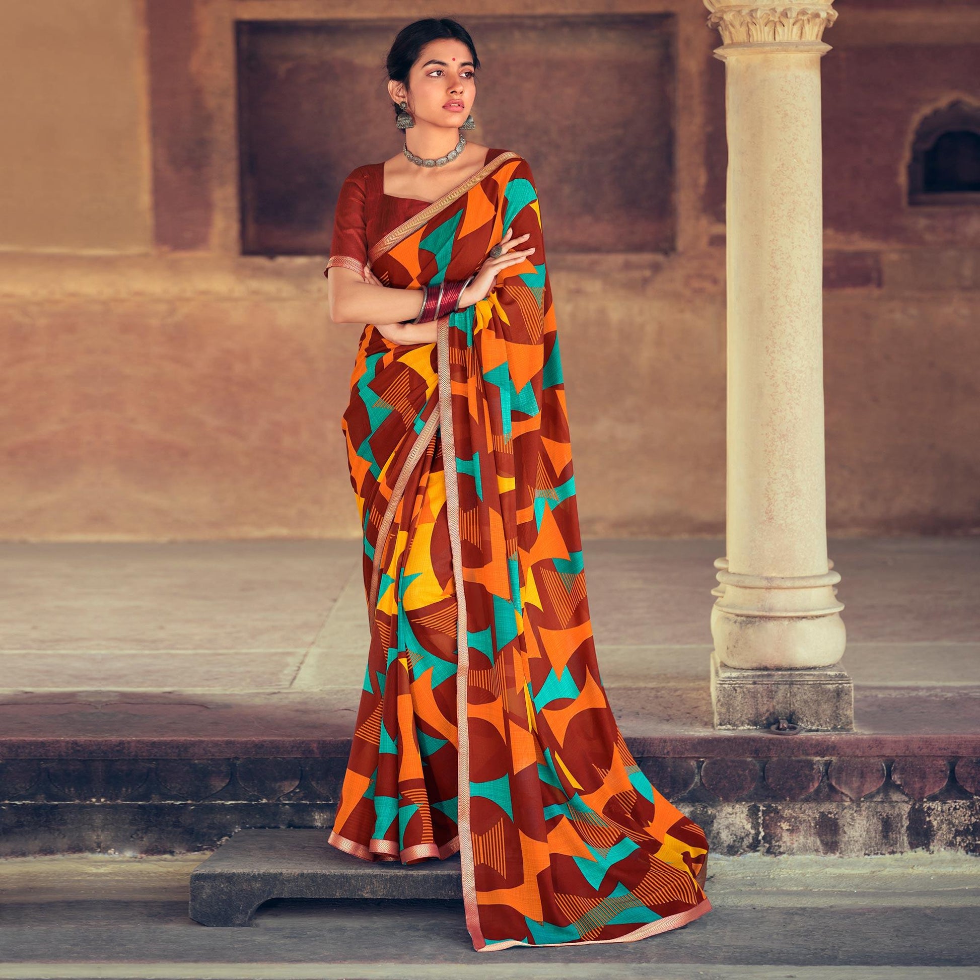 Brown Casual Wear Geometric Printed Heavy Micro Saree