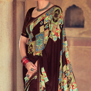 Brown Casual Wear Geometric Printed Heavy Micro Saree