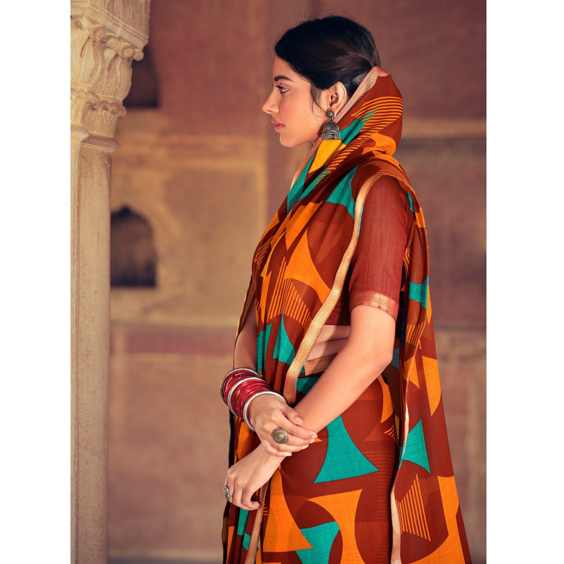 Brown Casual Wear Geometric Printed Heavy Micro Saree