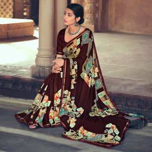 Brown Casual Wear Geometric Printed Heavy Micro Saree