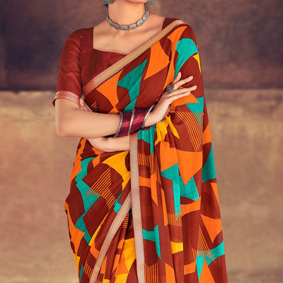 Brown Casual Wear Geometric Printed Heavy Micro Saree