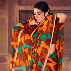 Brown Casual Wear Geometric Printed Heavy Micro Saree
