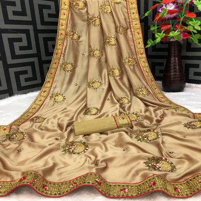 Brown Casual Wear Heavy Embroidered & Stone Work silk Saree
