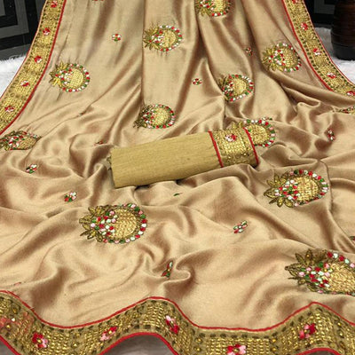 Brown Casual Wear Heavy Embroidered & Stone Work silk Saree