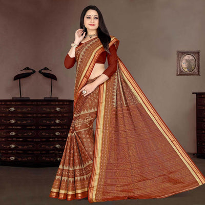 Brown Casual Wear Ikkat Printed Cotton Silk Saree