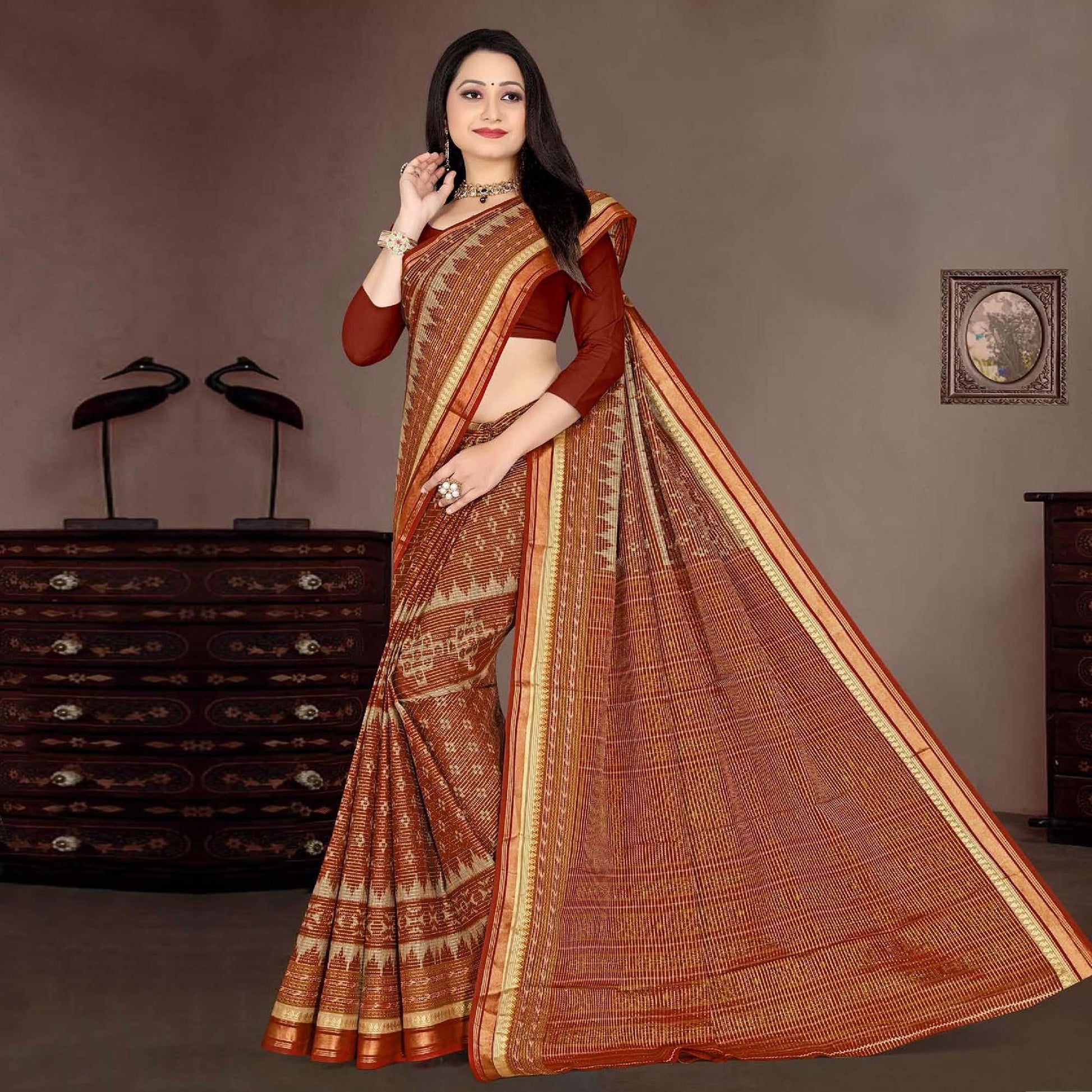 Brown Casual Wear Ikkat Printed Cotton Silk Saree