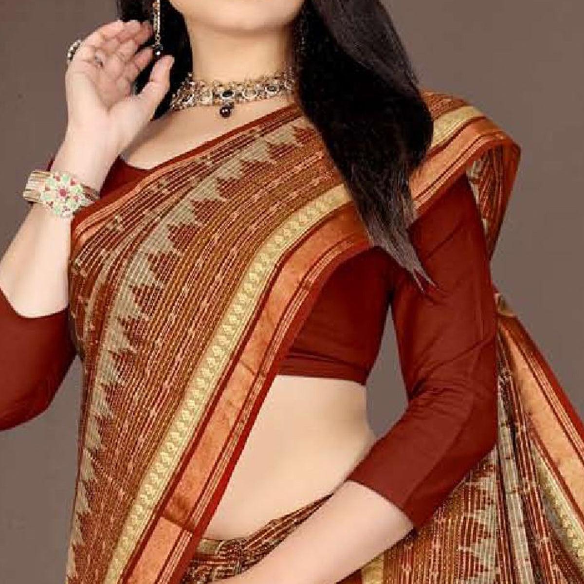 Brown Casual Wear Ikkat Printed Cotton Silk Saree