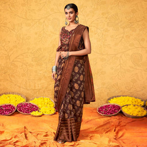 Brown Casual Wear KalamKari Block Printed Cotton Satin Saree