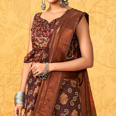 Brown Casual Wear KalamKari Block Printed Cotton Satin Saree