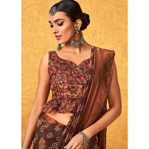 Brown Casual Wear KalamKari Block Printed Cotton Satin Saree