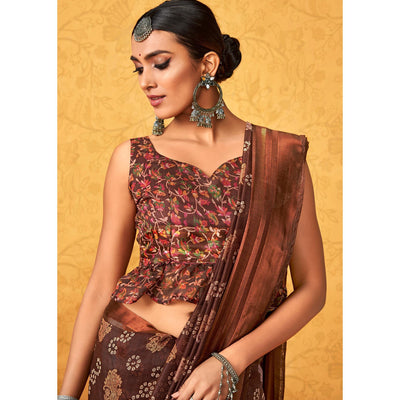 Brown Casual Wear KalamKari Block Printed Cotton Satin Saree