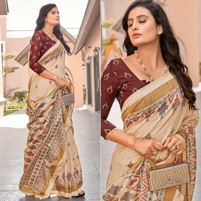 Brown Casual Wear Printed Bhagalpuri Sarees