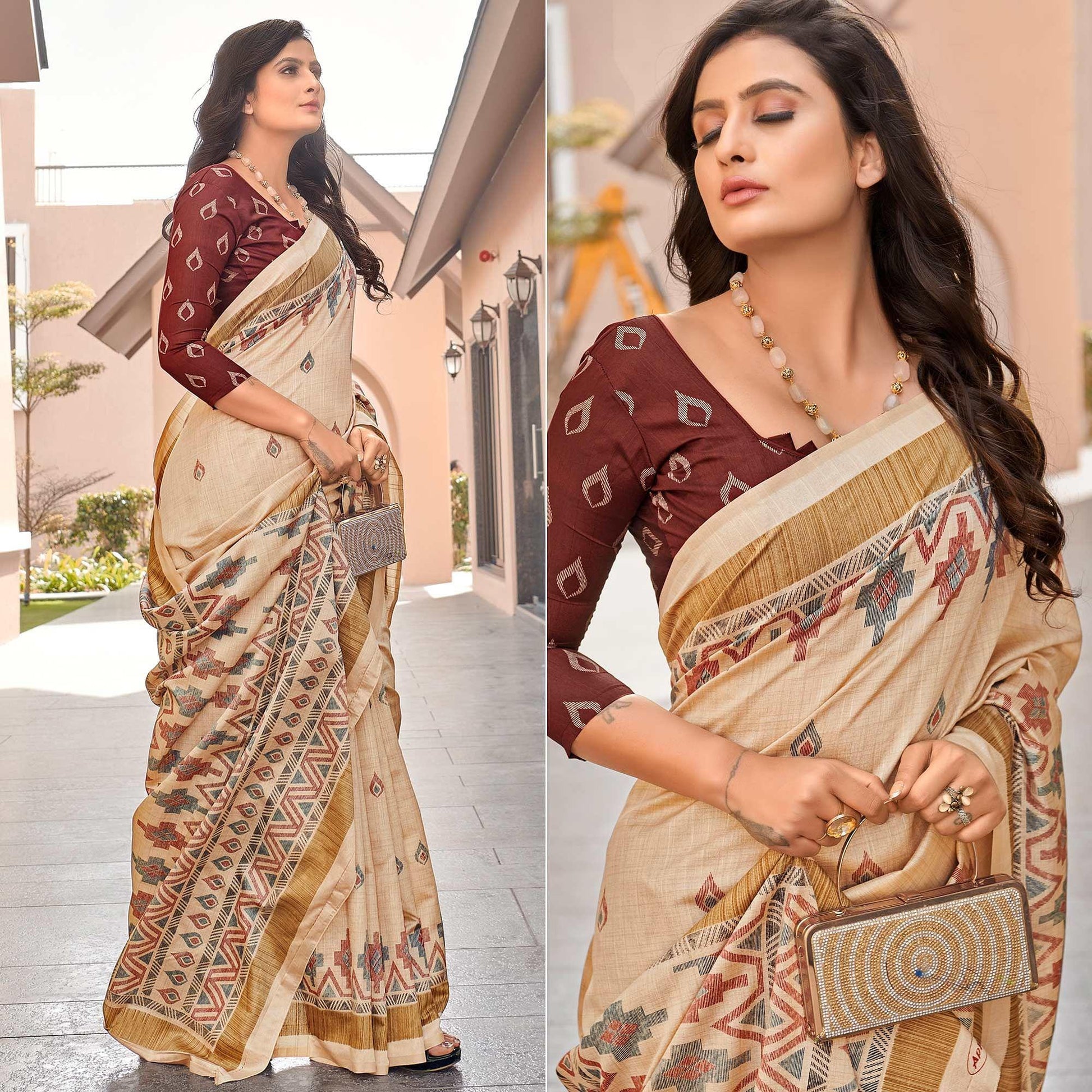 Brown Casual Wear Printed Bhagalpuri Sarees