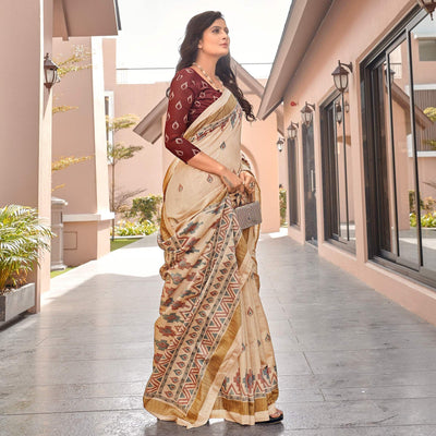 Brown Casual Wear Printed Bhagalpuri Sarees