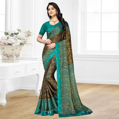 Brown Casual Wear Printed Brasso Chiffon Saree