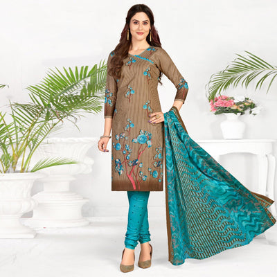 Brown Casual Wear Printed Cotton Dress Material