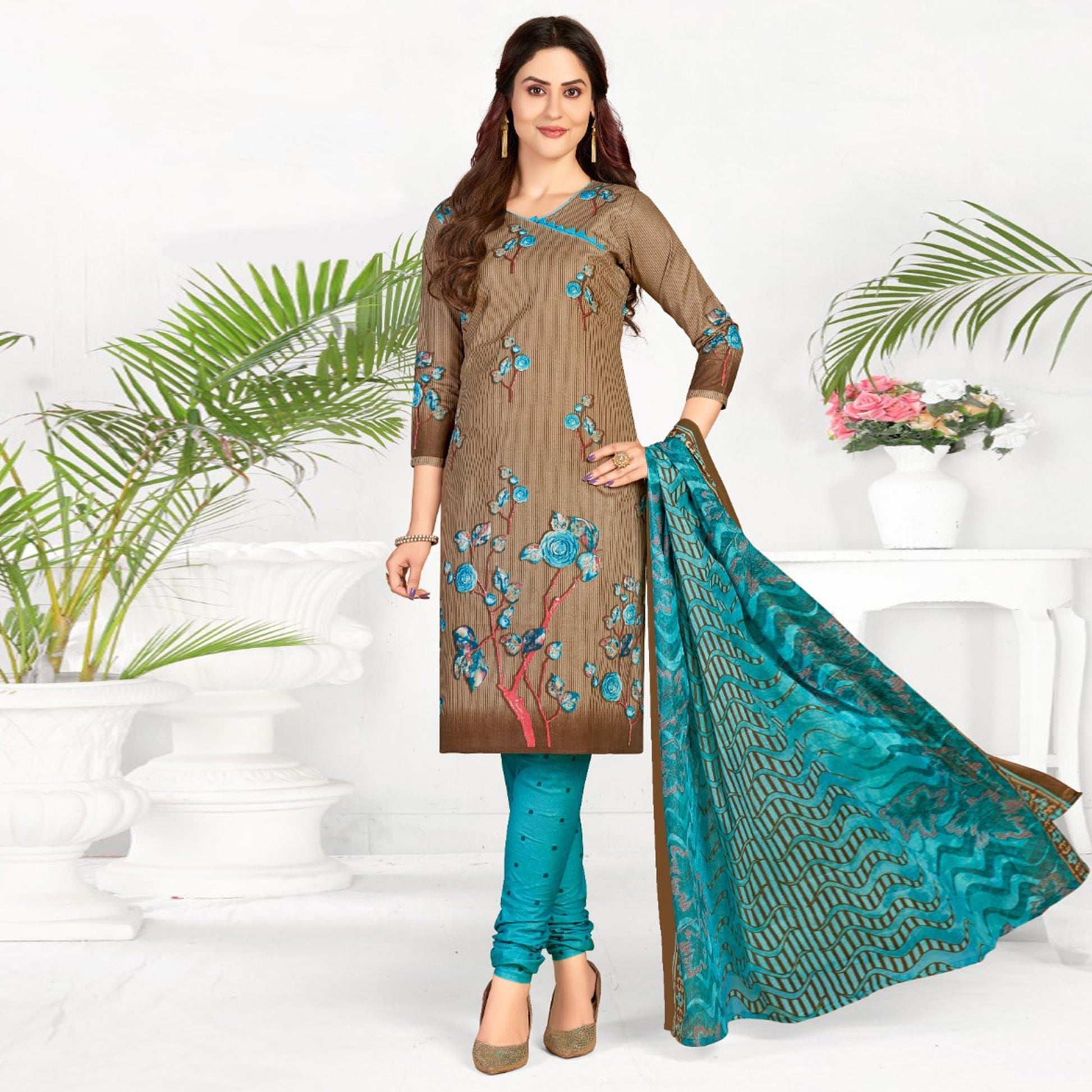 Brown Casual Wear Printed Cotton Dress Material