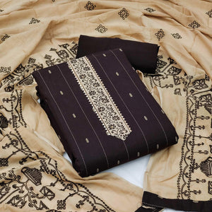Brown Casual Wear Printed Cotton Dress Material