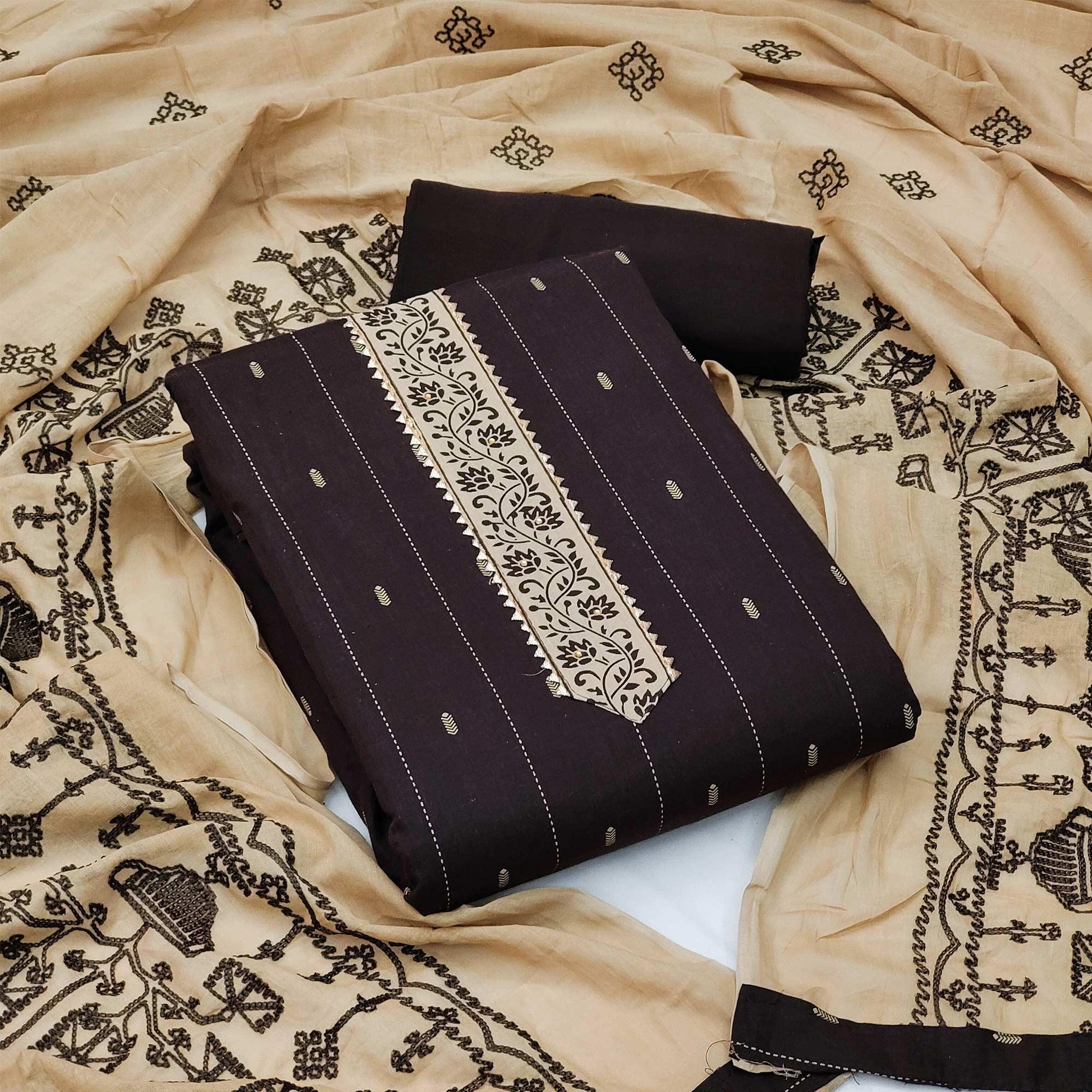 Brown Casual Wear Printed Cotton Dress Material