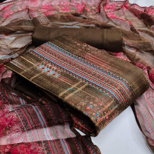 Brown Casual Wear Printed Cotton Dress Material