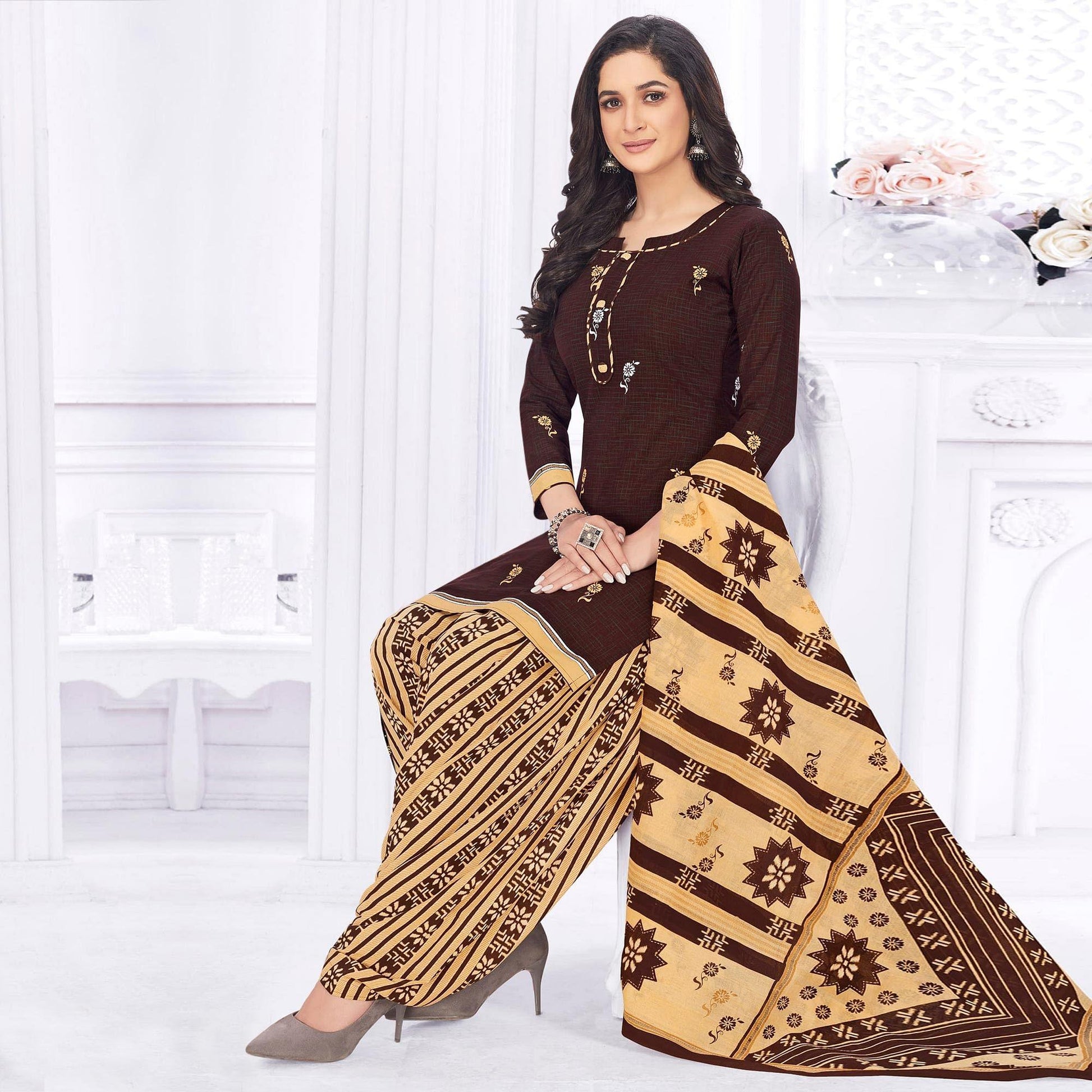 Brown Casual Wear Printed Cotton Dress Material