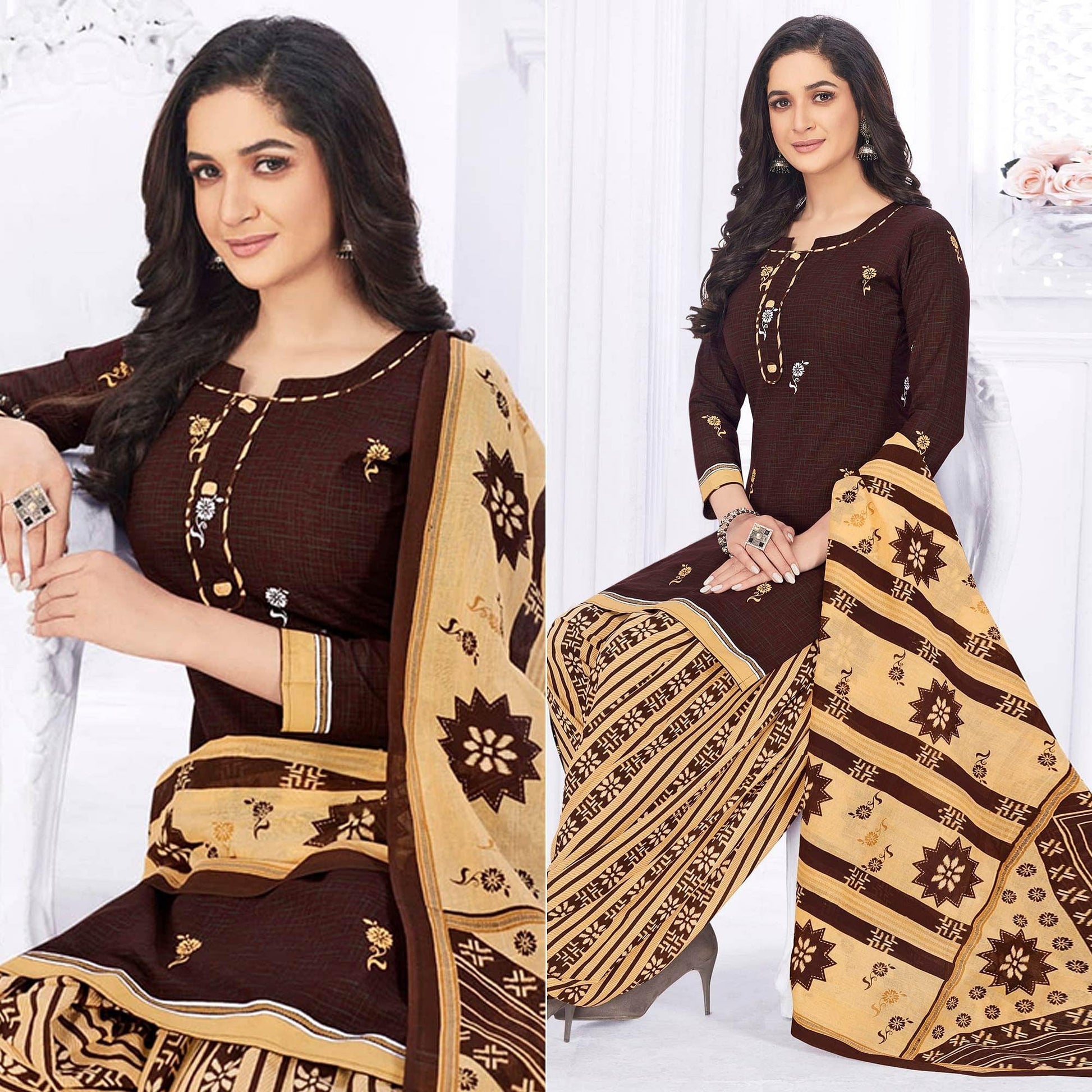 Brown Casual Wear Printed Cotton Dress Material