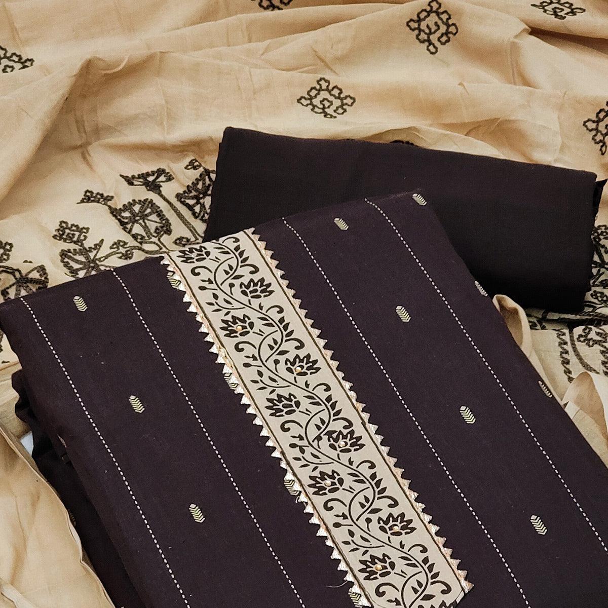Brown Casual Wear Printed Cotton Dress Material