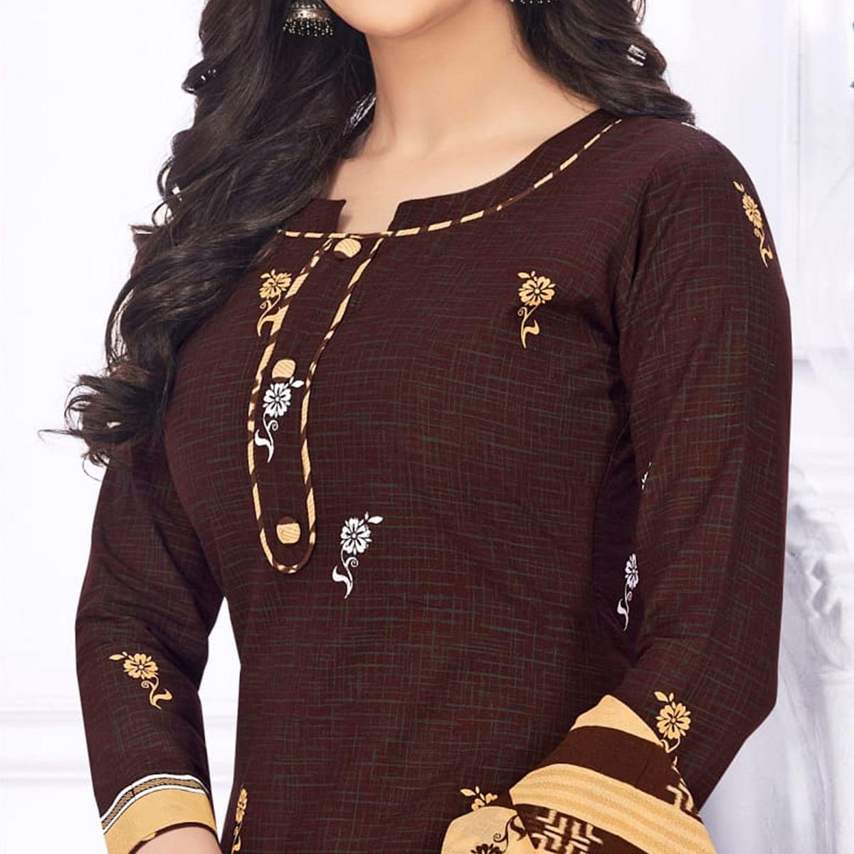 Brown Casual Wear Printed Cotton Dress Material