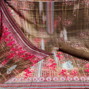 Brown Casual Wear Printed Cotton Dress Material
