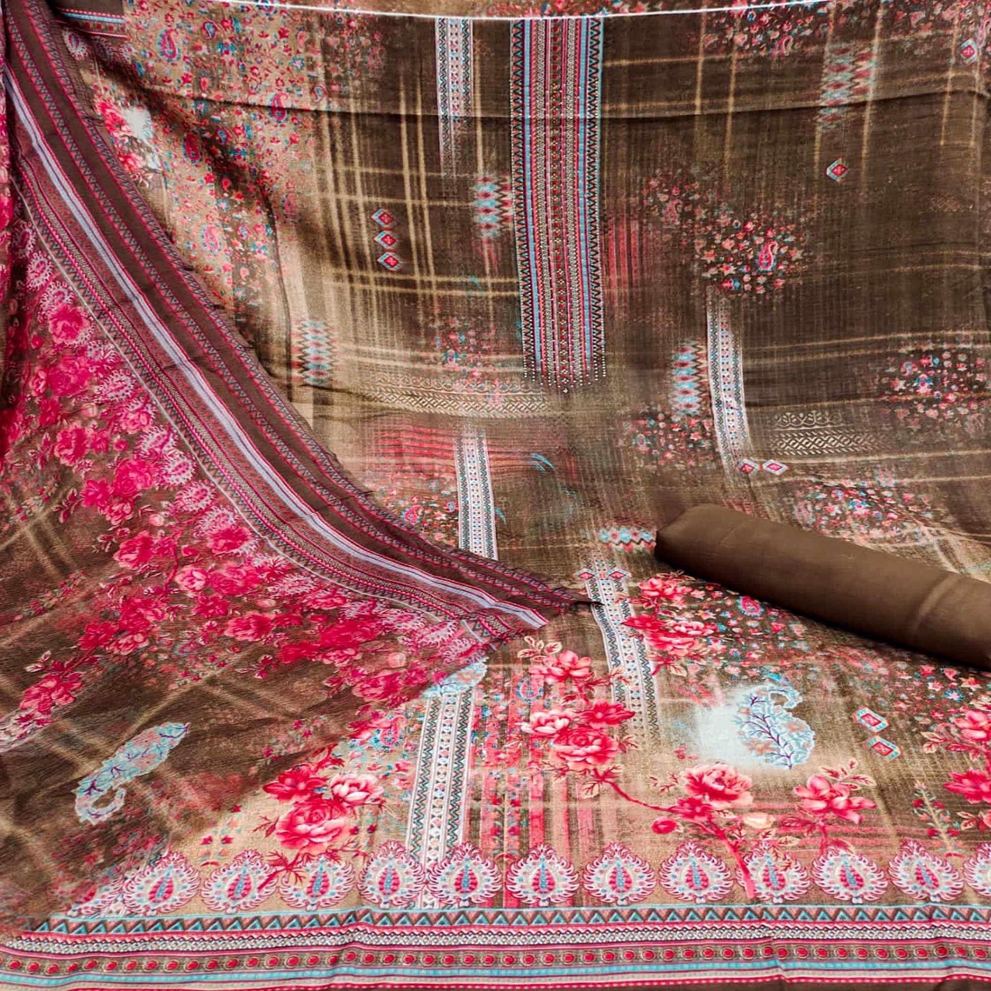 Brown Casual Wear Printed Cotton Dress Material