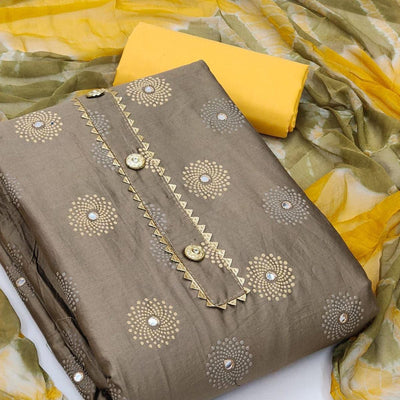 Brown Casual Wear Printed Cotton Dress Material