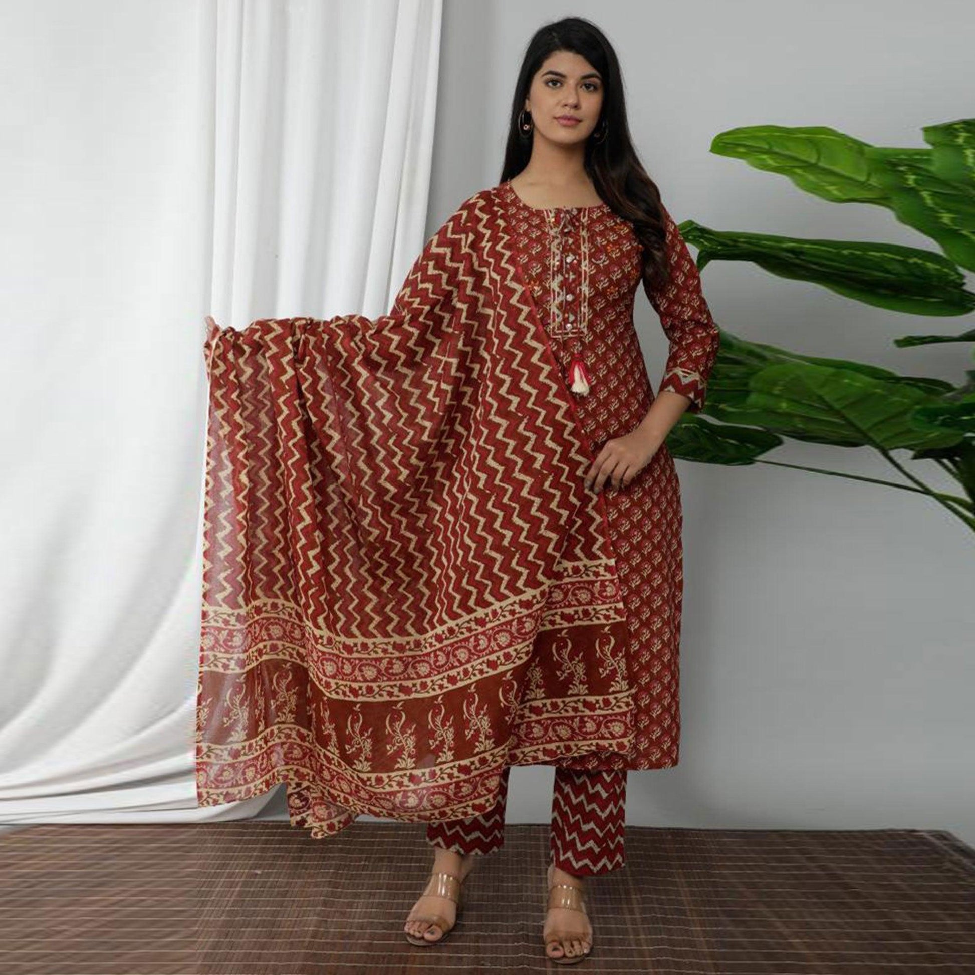 Brown Casual Wear Printed Cotton Kurti Pant Set With Dupatta