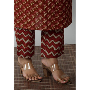 Brown Casual Wear Printed Cotton Kurti Pant Set With Dupatta