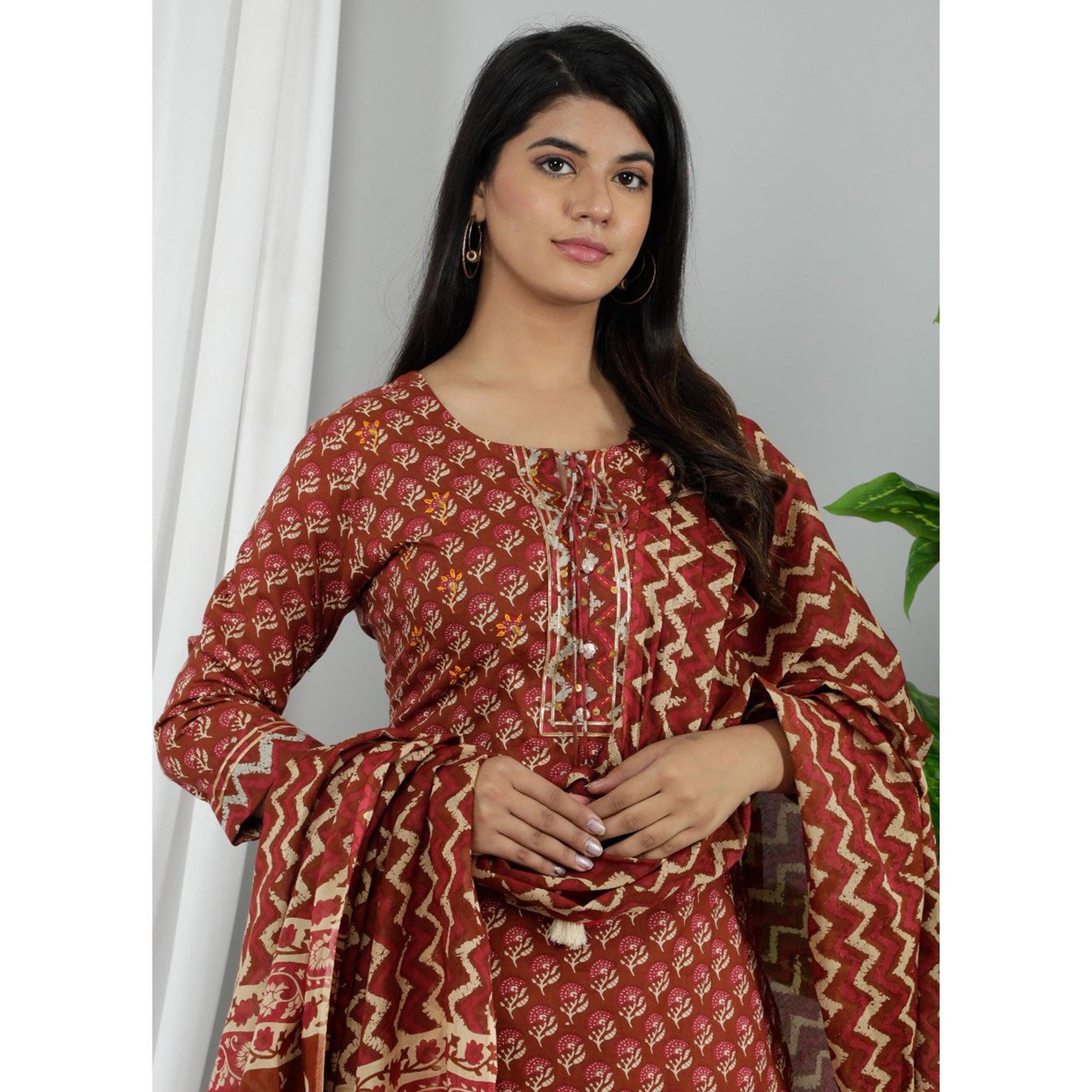 Brown Casual Wear Printed Cotton Kurti Pant Set With Dupatta