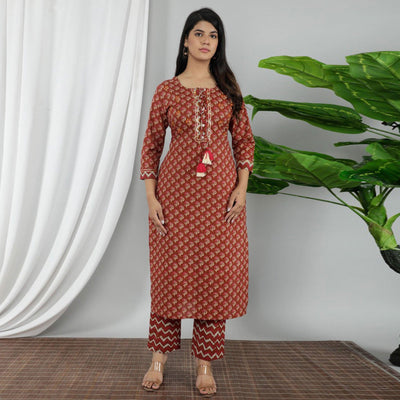 Brown Casual Wear Printed Cotton Kurti Pant Set With Dupatta